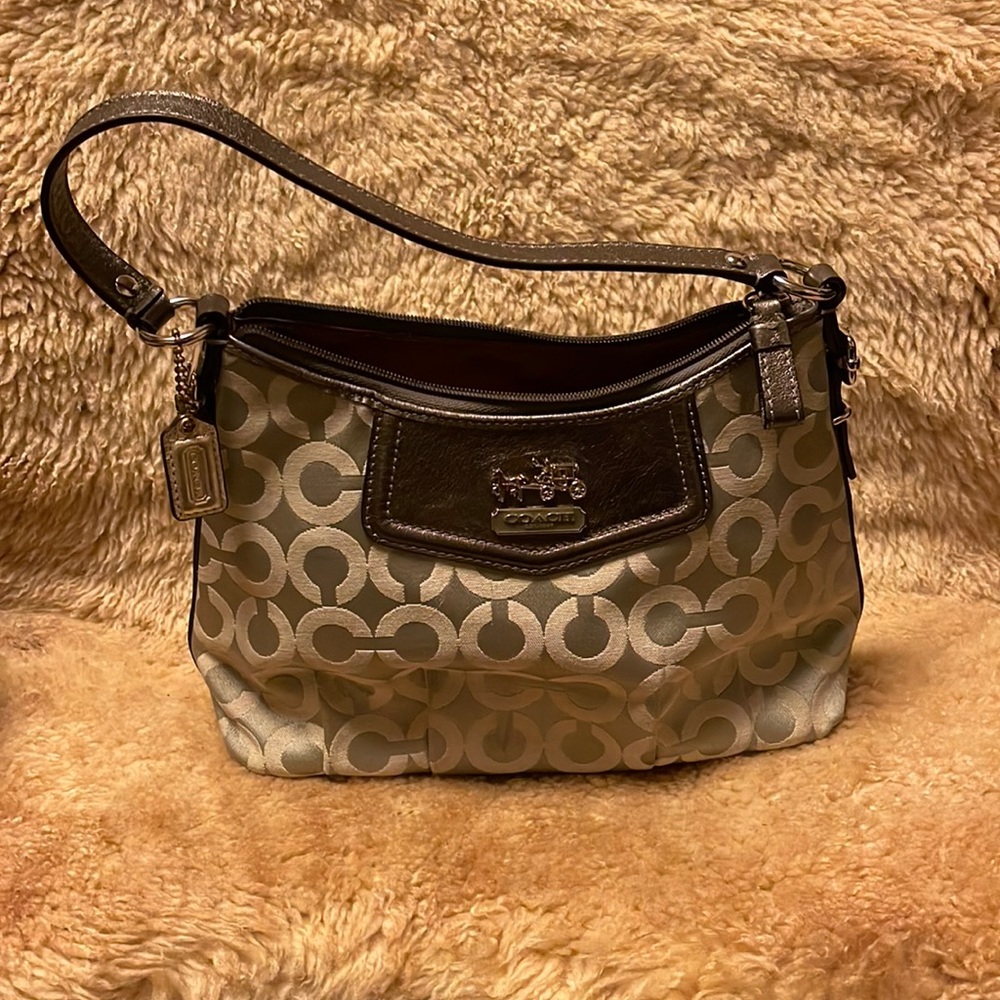 Cute EUC mini shoulder bag. Golden green leather trim.